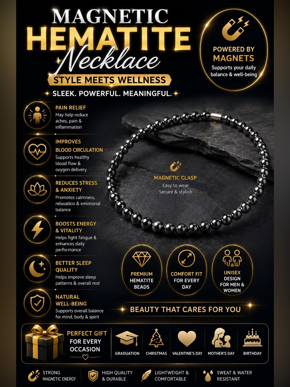 Magnetic Hematite Bead Necklace - Black